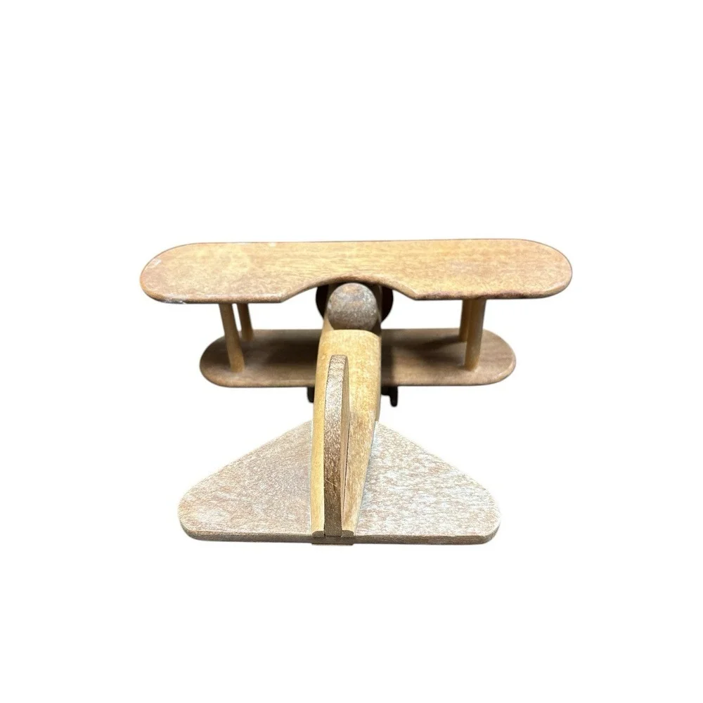 Handmade Wooden Bi-Plane Airplane Hardwood‎ Medium Stain Vintage